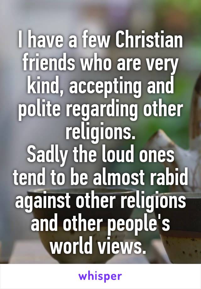 I have a few Christian friends who are very kind, accepting and polite regarding other religions.
Sadly the loud ones tend to be almost rabid against other religions and other people's world views. 