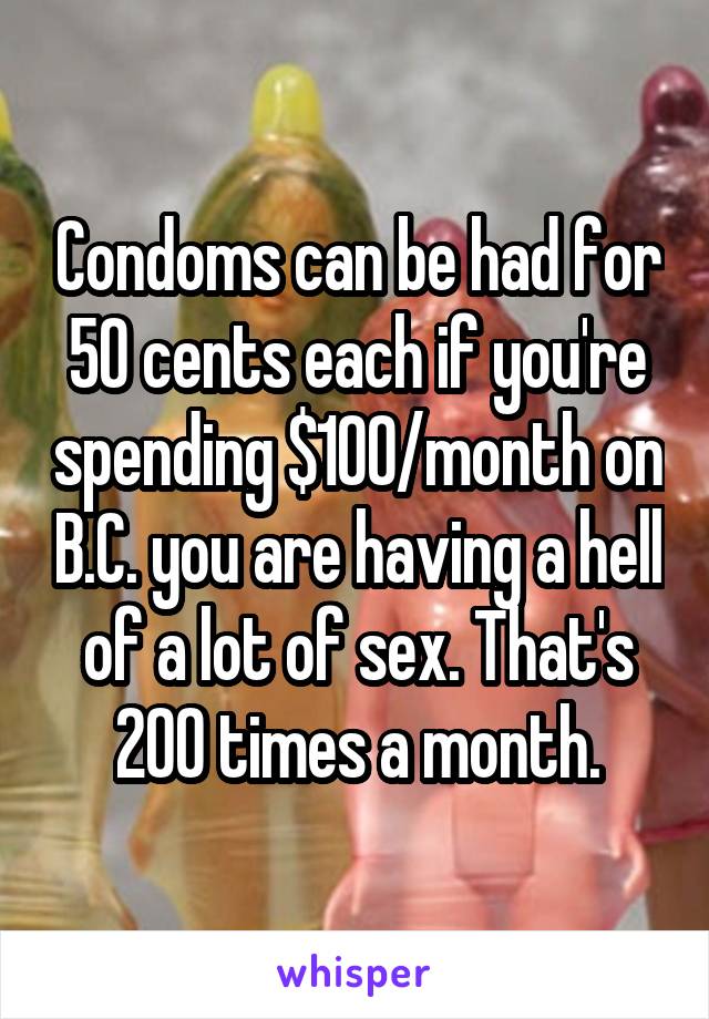 Condoms can be had for 50 cents each if you're spending $100/month on B.C. you are having a hell of a lot of sex. That's 200 times a month.