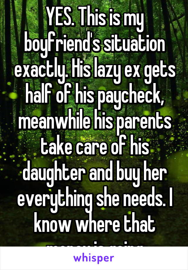 YES. This is my boyfriend's situation exactly. His lazy ex gets half of his paycheck, meanwhile his parents take care of his daughter and buy her everything she needs. I know where that money is going