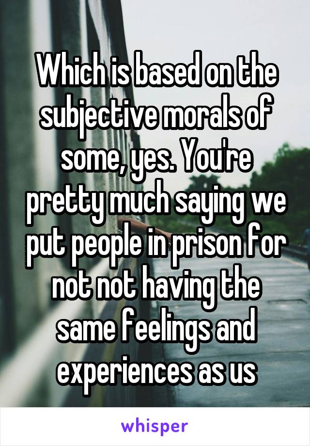 Which is based on the subjective morals of some, yes. You're pretty much saying we put people in prison for not not having the same feelings and experiences as us