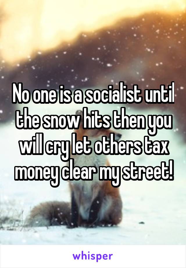 No one is a socialist until the snow hits then you will cry let others tax money clear my street!