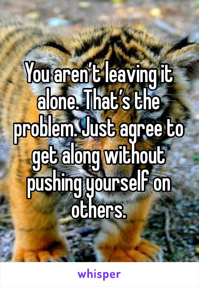 You aren’t leaving it alone. That’s the problem. Just agree to get along without pushing yourself on others. 