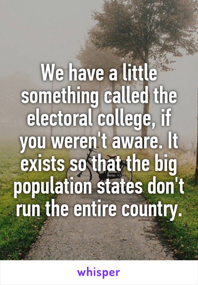 We have a little something called the electoral college, if you weren't aware. It exists so that the big population states don't run the entire country.