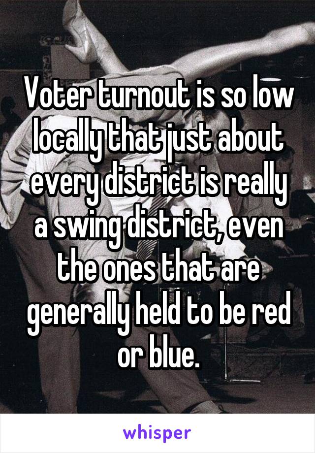 Voter turnout is so low locally that just about every district is really a swing district, even the ones that are generally held to be red or blue.