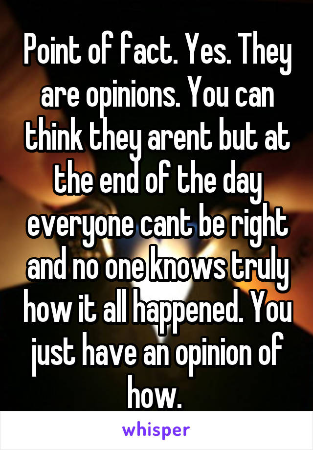 Point of fact. Yes. They are opinions. You can think they arent but at the end of the day everyone cant be right and no one knows truly how it all happened. You just have an opinion of how. 