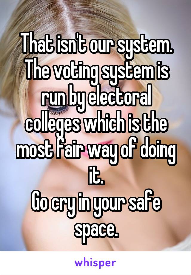 That isn't our system.
The voting system is run by electoral colleges which is the most fair way of doing it.
Go cry in your safe space.