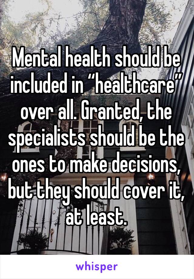 Mental health should be included in “healthcare” over all. Granted, the specialists should be the ones to make decisions, but they should cover it, at least. 