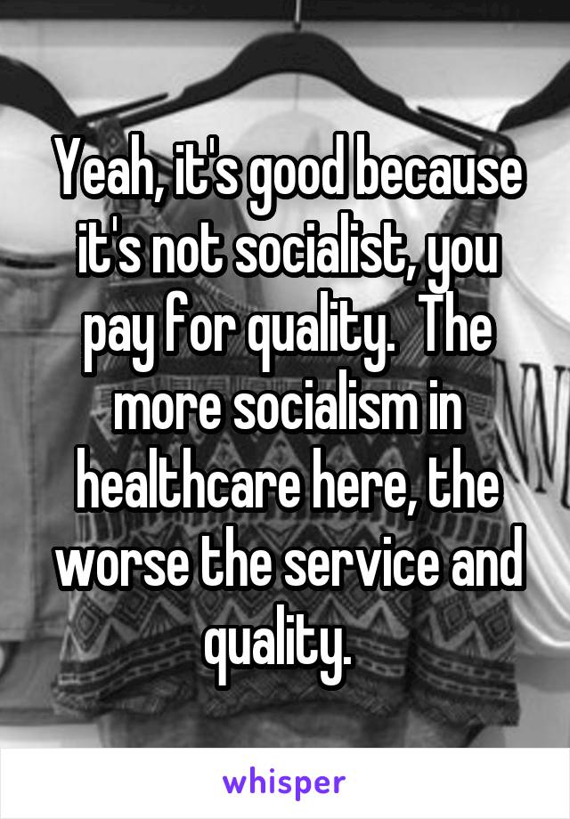 Yeah, it's good because it's not socialist, you pay for quality.  The more socialism in healthcare here, the worse the service and quality.  