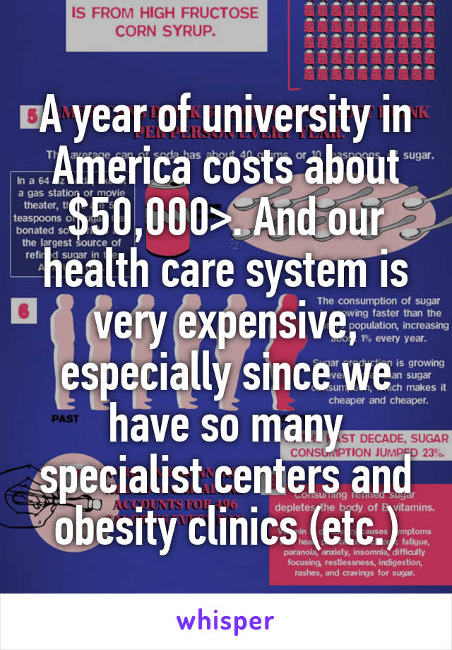 A year of university in America costs about $50,000>. And our health care system is very expensive, especially since we have so many specialist centers and obesity clinics (etc.)