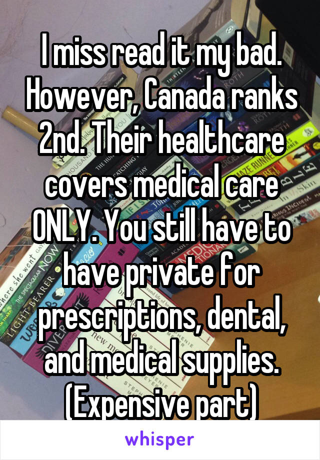 I miss read it my bad. However, Canada ranks 2nd. Their healthcare covers medical care ONLY. You still have to have private for prescriptions, dental, and medical supplies. (Expensive part)