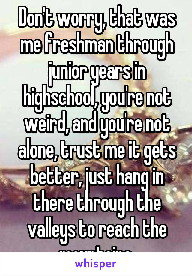 Don't worry, that was me freshman through junior years in highschool, you're not weird, and you're not alone, trust me it gets better, just hang in there through the valleys to reach the mountains 