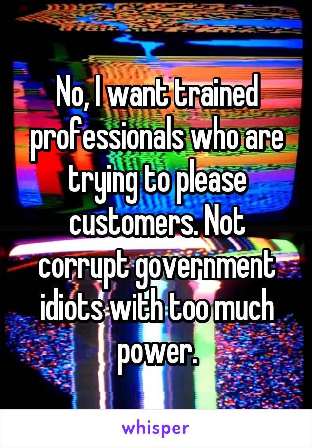 No, I want trained professionals who are trying to please customers. Not corrupt government idiots with too much power.