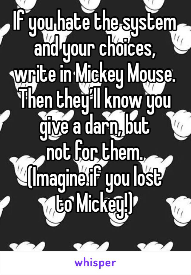 If you hate the system and your choices, 
write in Mickey Mouse.  
Then they’ll know you give a darn, but 
not for them. 
(Imagine if you lost to Mickey!)