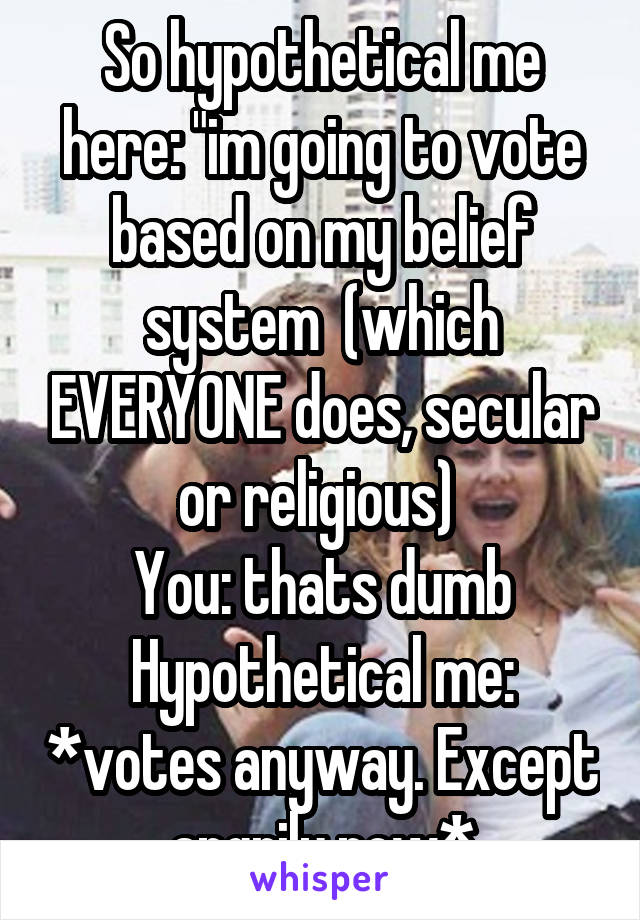 So hypothetical me here: "im going to vote based on my belief system  (which EVERYONE does, secular or religious) 
You: thats dumb
Hypothetical me: *votes anyway. Except angrily now*