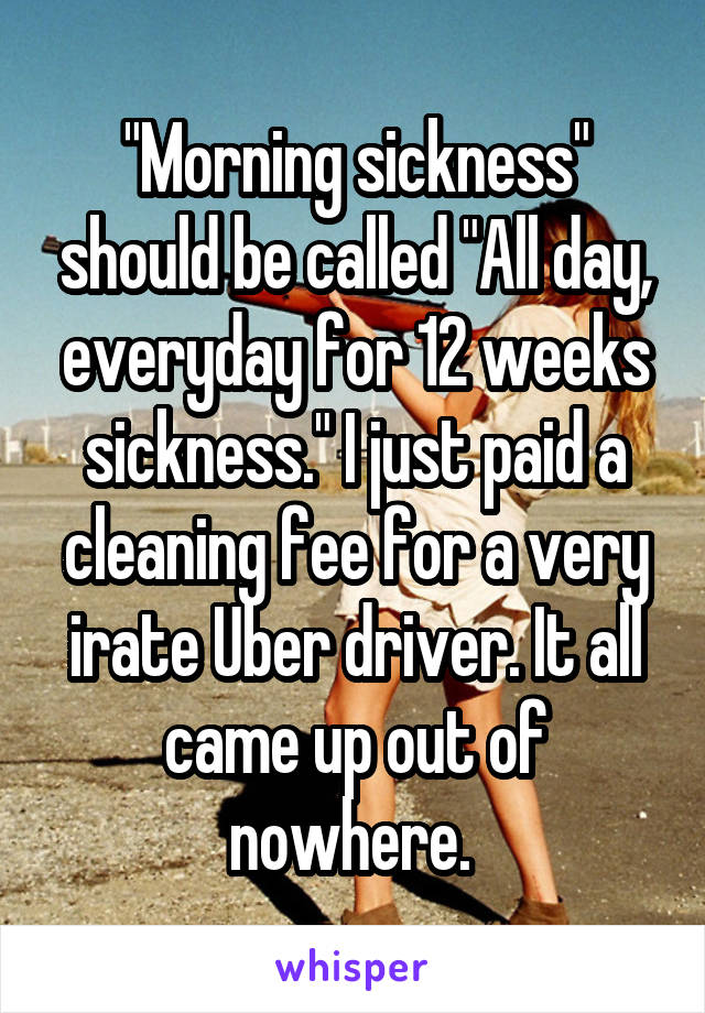 "Morning sickness" should be called "All day, everyday for 12 weeks sickness." I just paid a cleaning fee for a very irate Uber driver. It all came up out of nowhere. 