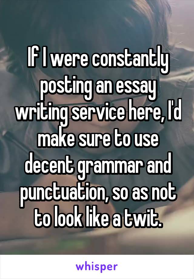 If I were constantly posting an essay writing service here, I'd make sure to use decent grammar and punctuation, so as not to look like a twit.