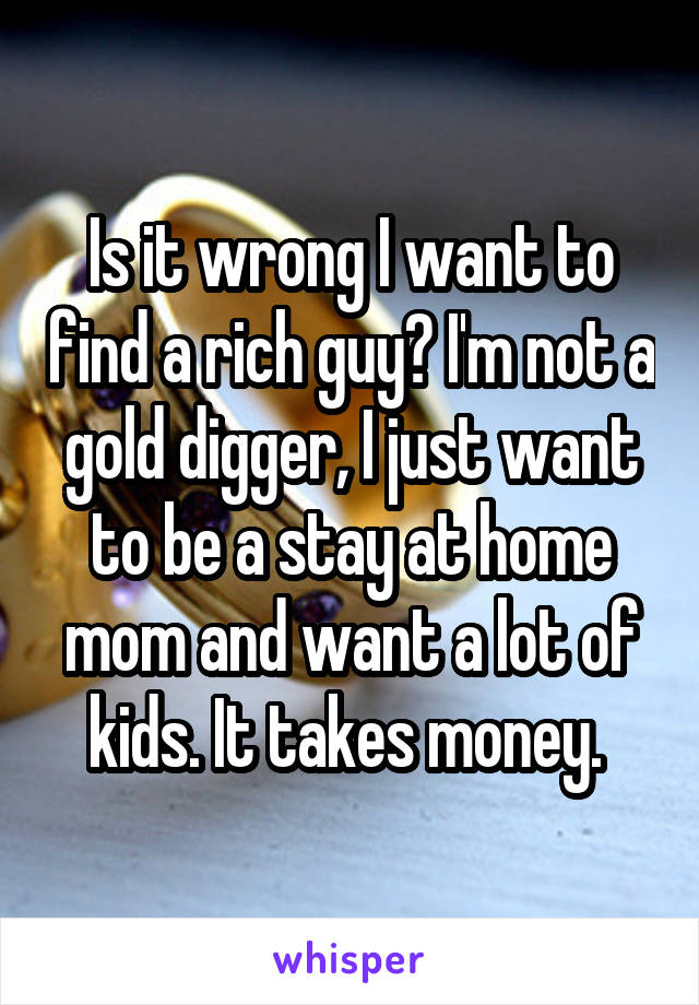 Is it wrong I want to find a rich guy? I'm not a gold digger, I just want to be a stay at home mom and want a lot of kids. It takes money. 