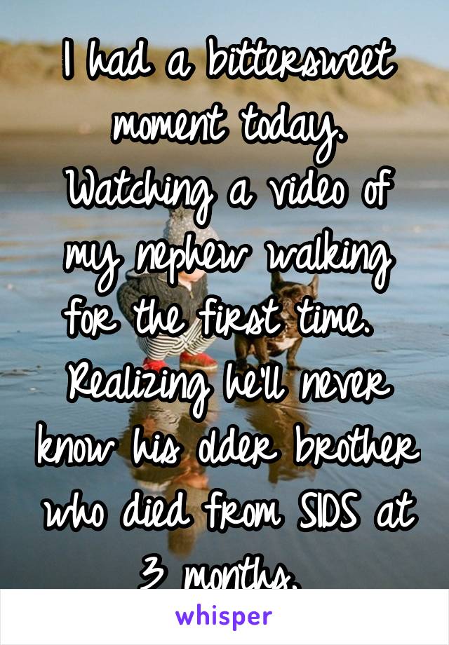 I had a bittersweet moment today. Watching a video of my nephew walking for the first time.  Realizing he'll never know his older brother who died from SIDS at 3 months. 