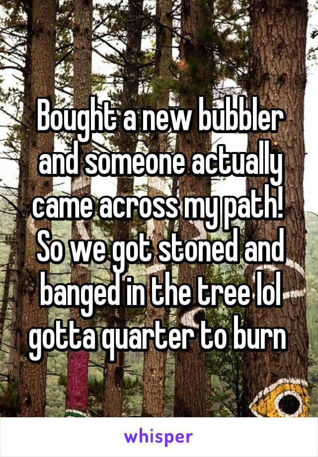 Bought a new bubbler and someone actually came across my path!  So we got stoned and banged in the tree lol gotta quarter to burn 