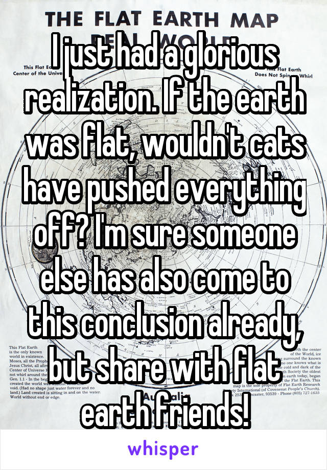 I just had a glorious realization. If the earth was flat, wouldn't cats have pushed everything off? I'm sure someone else has also come to this conclusion already, but share with flat earth friends!