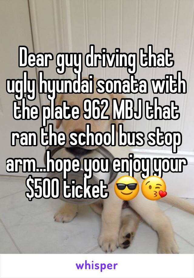 Dear guy driving that ugly hyundai sonata with the plate 962 MBJ that ran the school bus stop arm...hope you enjoy your $500 ticket 😎😘
