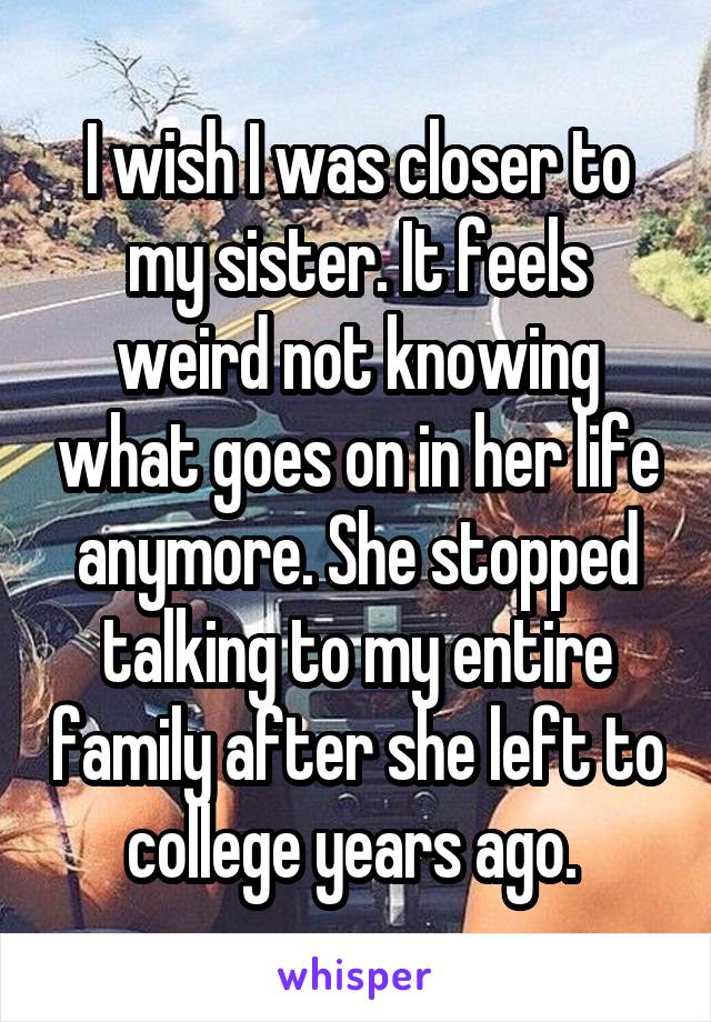I wish I was closer to my sister. It feels weird not knowing what goes on in her life anymore. She stopped talking to my entire family after she left to college years ago. 