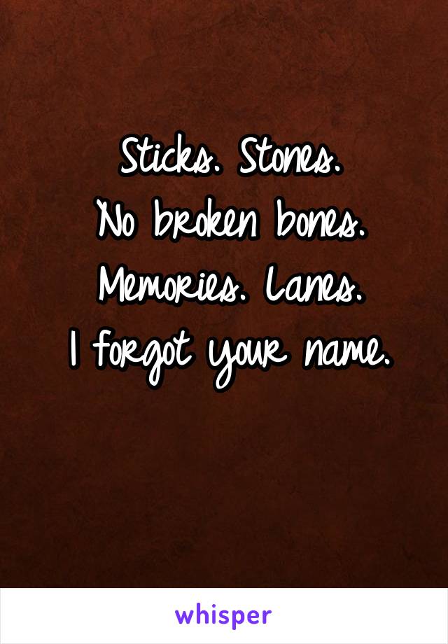 Sticks. Stones.
No broken bones.
Memories. Lanes.
I forgot your name.

