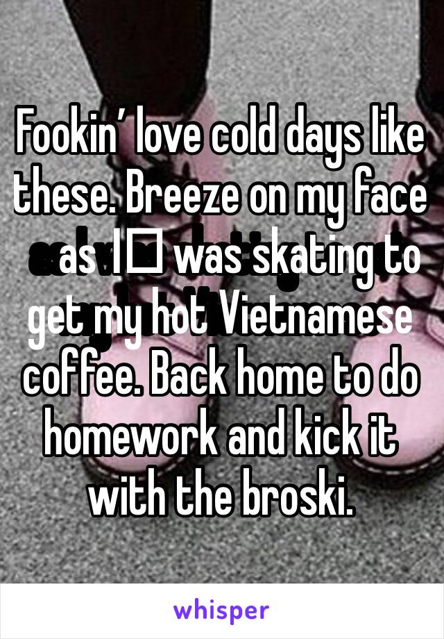 Fookin’ love cold days like these. Breeze on my face as I️ was skating to get my hot Vietnamese coffee. Back home to do homework and kick it with the broski. 