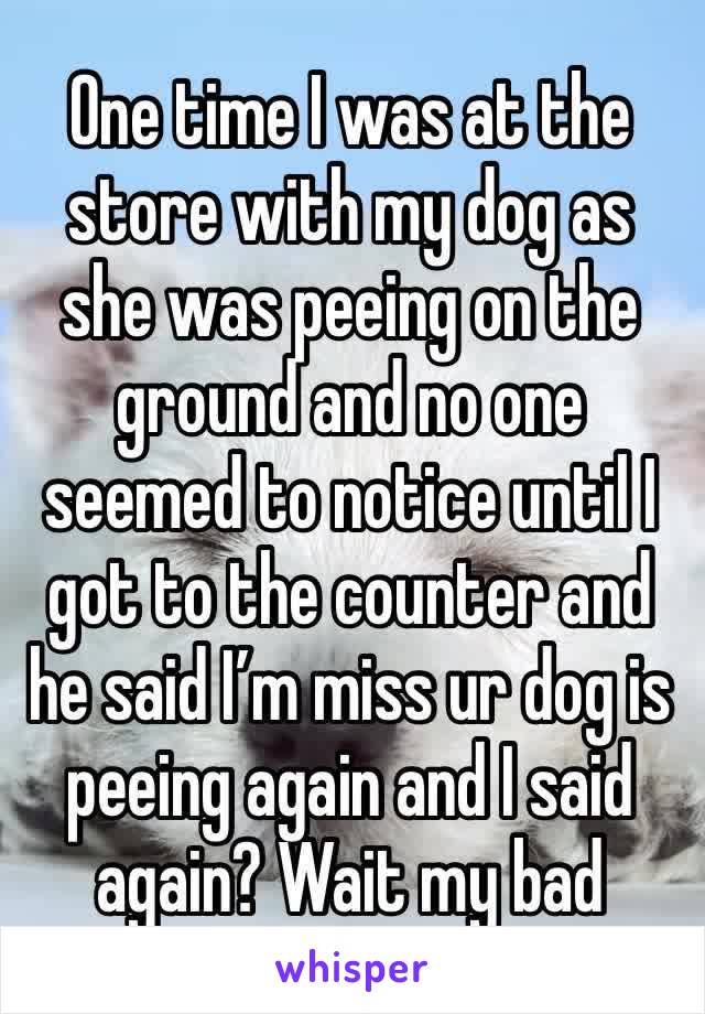 One time I was at the store with my dog as she was peeing on the ground and no one seemed to notice until I got to the counter and he said I’m miss ur dog is peeing again and I said again? Wait my bad