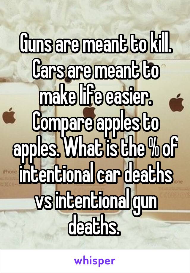 Guns are meant to kill. Cars are meant to make life easier. Compare apples to apples. What is the % of intentional car deaths vs intentional gun deaths. 