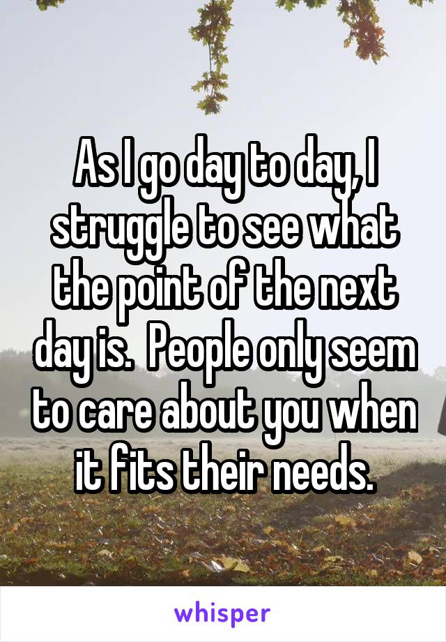As I go day to day, I struggle to see what the point of the next day is.  People only seem to care about you when it fits their needs.
