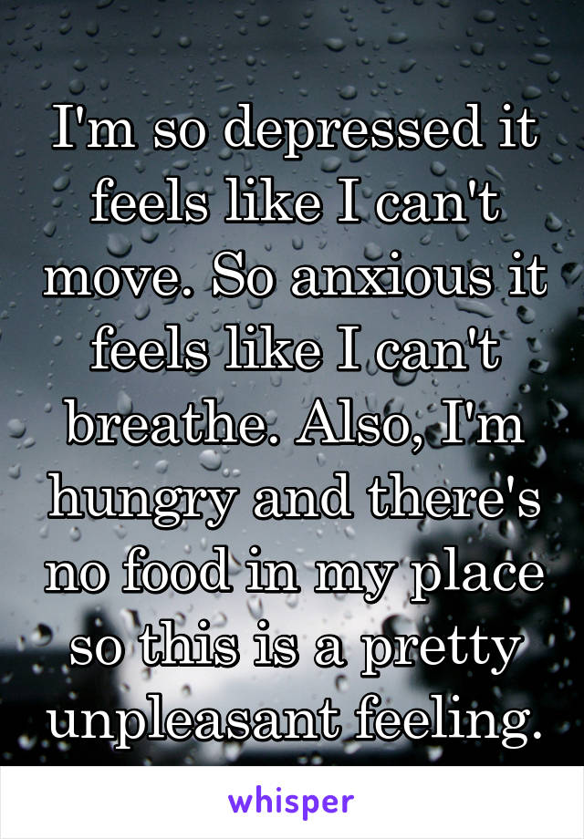I'm so depressed it feels like I can't move. So anxious it feels like I can't breathe. Also, I'm hungry and there's no food in my place so this is a pretty unpleasant feeling.