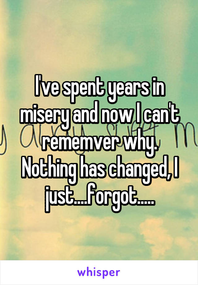 I've spent years in misery and now I can't rememver why. Nothing has changed, I just....forgot.....