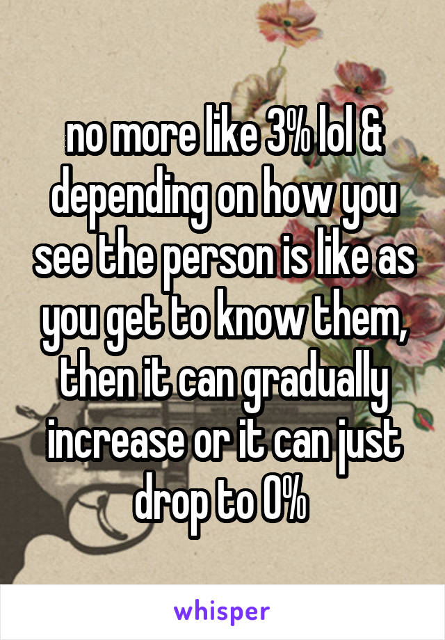 no more like 3% lol & depending on how you see the person is like as you get to know them, then it can gradually increase or it can just drop to 0% 