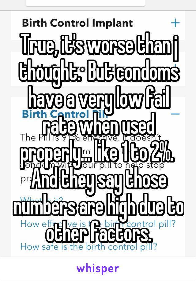 True, it's worse than j thought.  But condoms have a very low fail rate when used properly... like 1 to 2%.  And they say those numbers are high due to other factors.