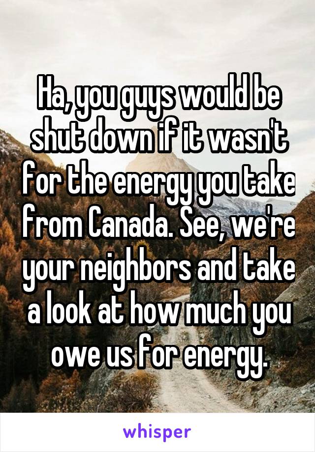 Ha, you guys would be shut down if it wasn't for the energy you take from Canada. See, we're your neighbors and take a look at how much you owe us for energy.