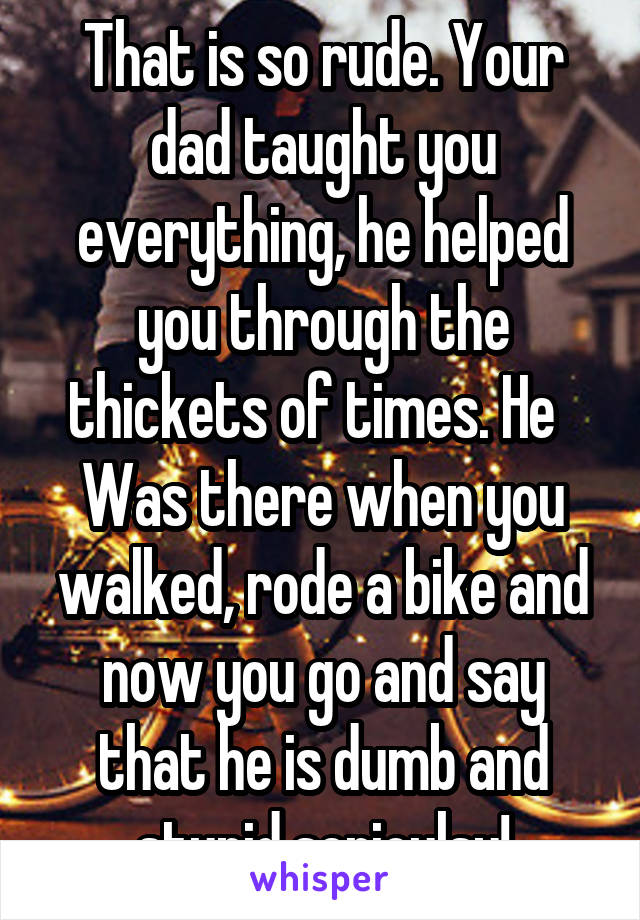 That is so rude. Your dad taught you everything, he helped you through the thickets of times. He   Was there when you walked, rode a bike and now you go and say that he is dumb and stupid.serioulsy!