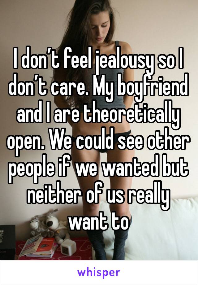 I don’t feel jealousy so I don’t care. My boyfriend and I are theoretically open. We could see other people if we wanted but neither of us really want to 