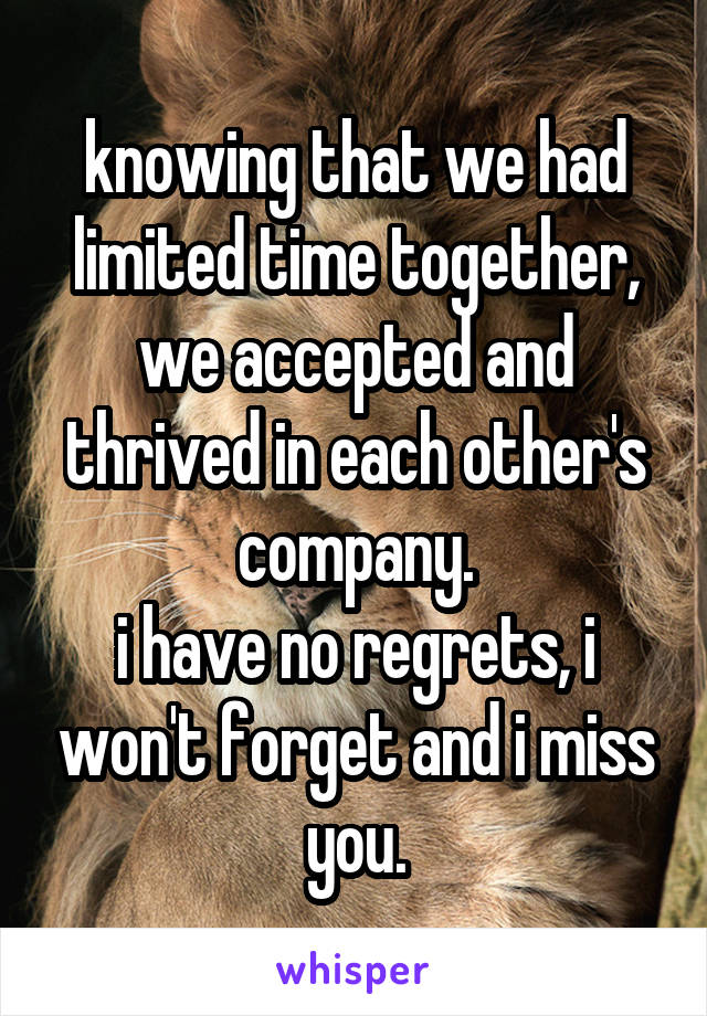 knowing that we had limited time together, we accepted and thrived in each other's company.
i have no regrets, i won't forget and i miss you.