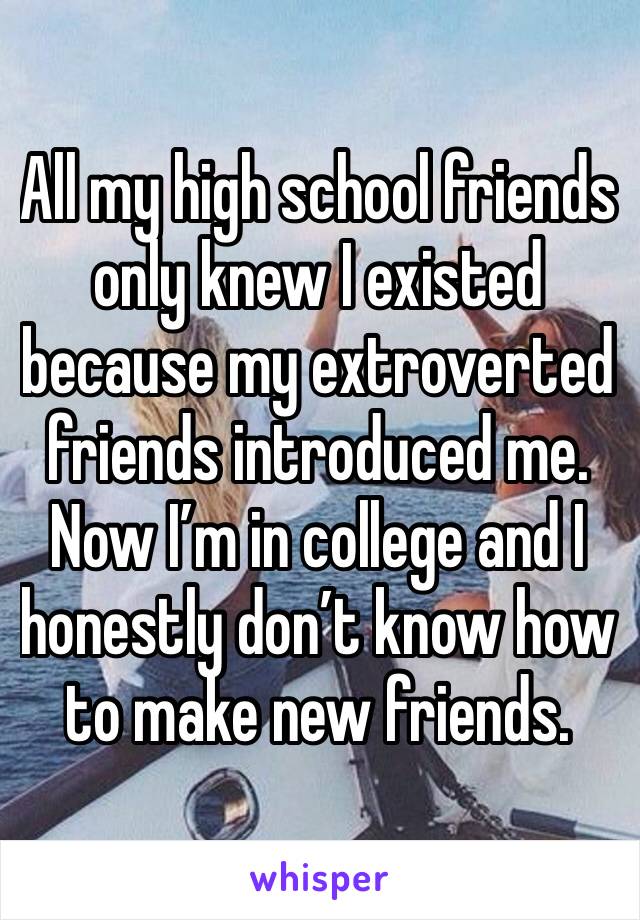 All my high school friends only knew I existed because my extroverted friends introduced me. Now I’m in college and I honestly don’t know how to make new friends. 