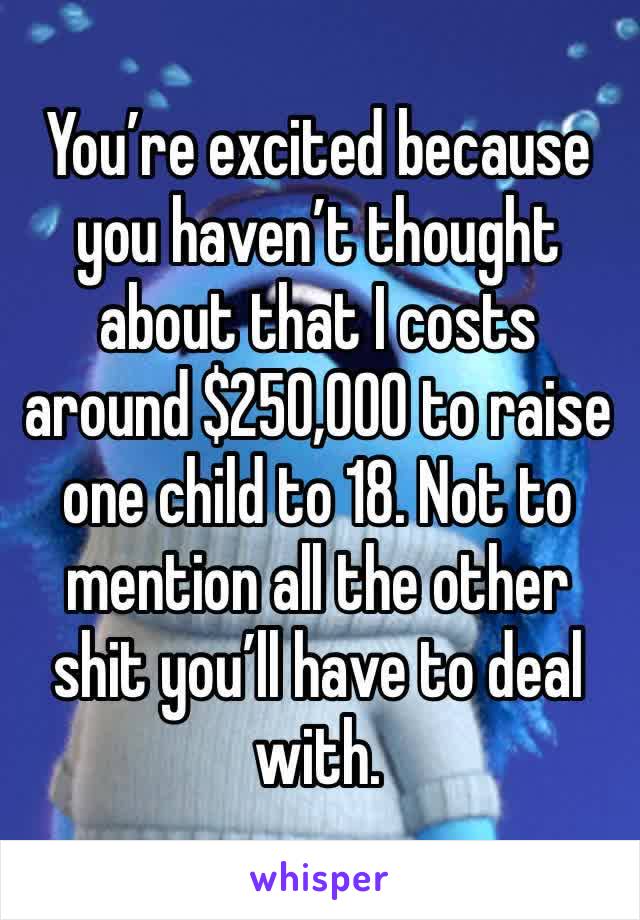 You’re excited because you haven’t thought about that I costs around $250,000 to raise one child to 18. Not to mention all the other shit you’ll have to deal with.