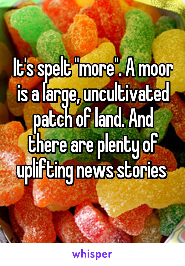 It's spelt "more". A moor is a large, uncultivated patch of land. And there are plenty of uplifting news stories 
