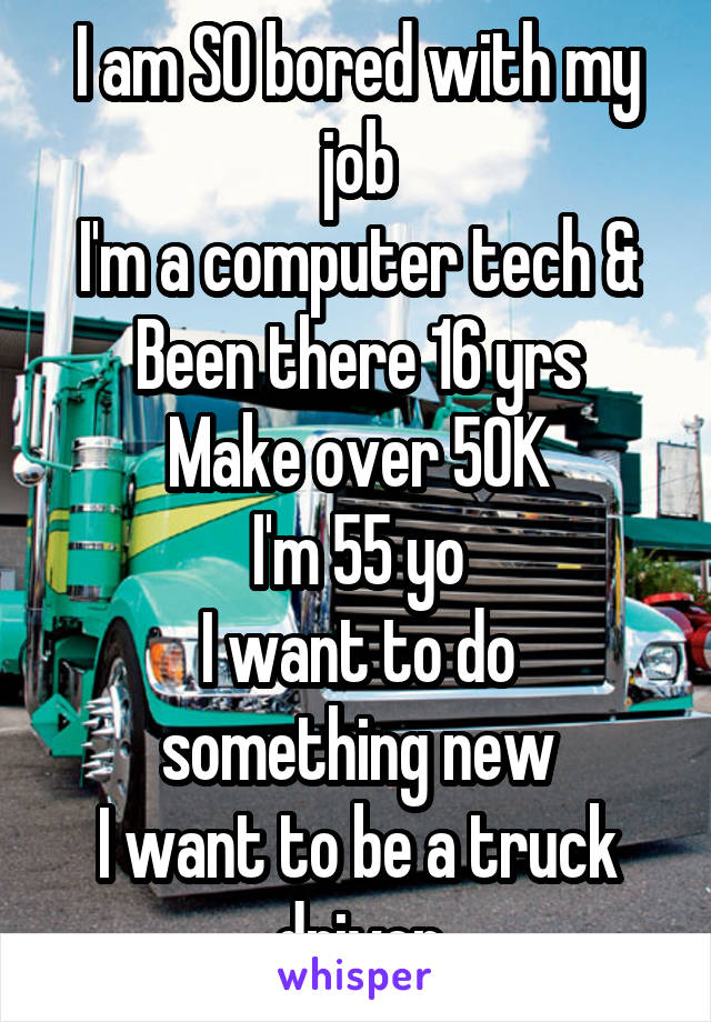 I am SO bored with my job
I'm a computer tech &
Been there 16 yrs
Make over 50K
I'm 55 yo
I want to do something new
I want to be a truck driver