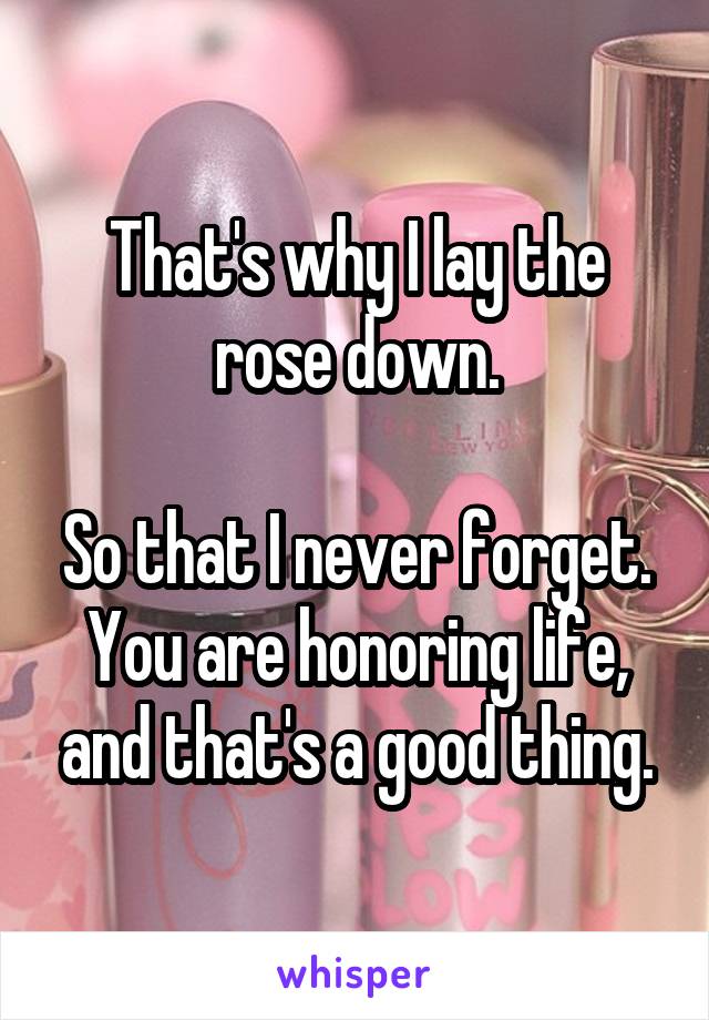 That's why I lay the rose down.

So that I never forget. You are honoring life, and that's a good thing.