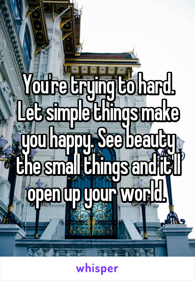 You're trying to hard. Let simple things make you happy. See beauty the small things and it'll open up your world. 