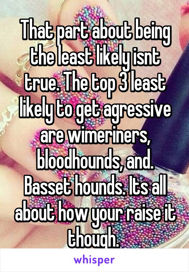 That part about being the least likely isnt true. The top 3 least likely to get agressive are wimeriners, bloodhounds, and. Basset hounds. Its all about how your raise it though. 