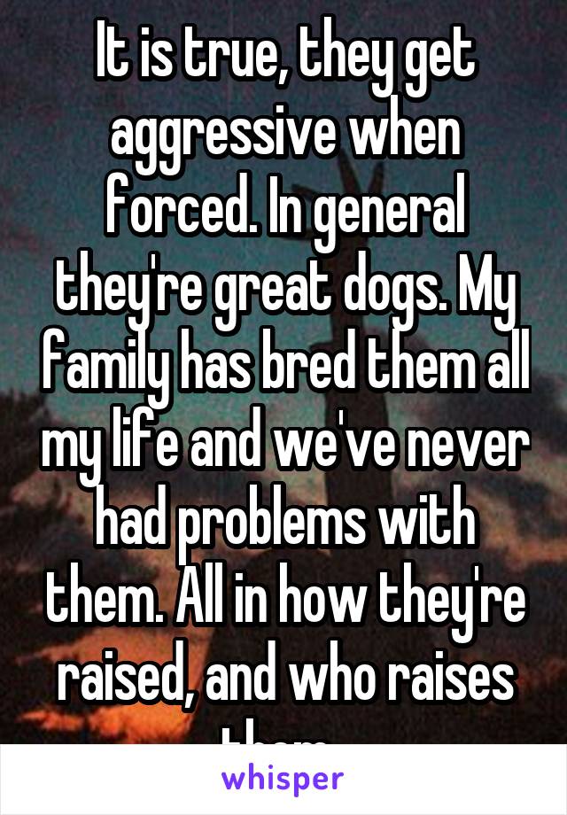 It is true, they get aggressive when forced. In general they're great dogs. My family has bred them all my life and we've never had problems with them. All in how they're raised, and who raises them. 