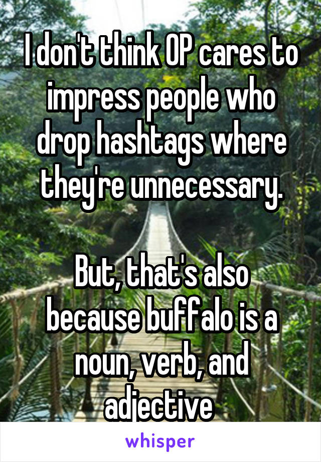 I don't think OP cares to impress people who drop hashtags where they're unnecessary.

But, that's also because buffalo is a noun, verb, and adjective 