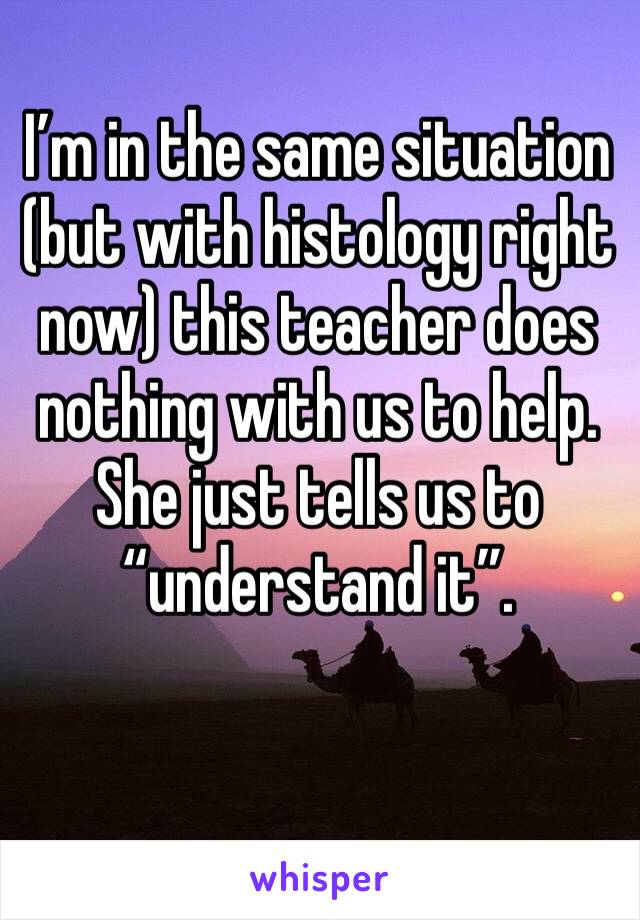 I’m in the same situation (but with histology right now) this teacher does nothing with us to help. She just tells us to “understand it”.
