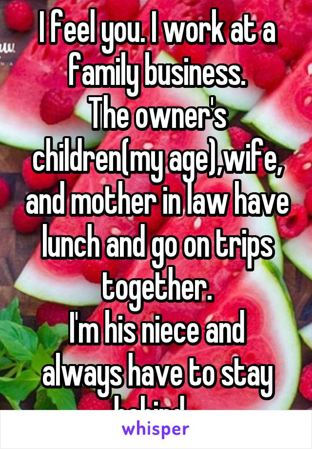 I feel you. I work at a family business.
The owner's children(my age),wife, and mother in law have lunch and go on trips together.
I'm his niece and always have to stay behind...